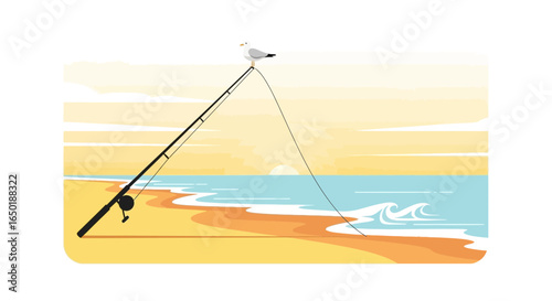 Seagull Perched on Fishing Rod Illustration at Sea Against Sunset