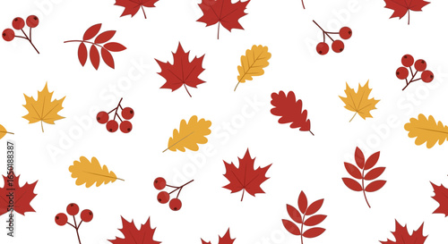 Seamless Autumnal Pattern Featuring Maple Oak Leaves And Berries Scattered On White