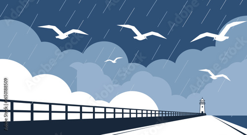 Seascape With Pier Seagulls Lighthouse And Stormy Sky Illustration