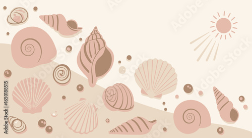 Seashells And Pearls On The Beach Under The Summer Sun Background