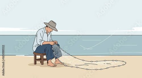 Seaside Artisan Mending Fishing Net Coastal Tradition Skilled Craftsmanship
