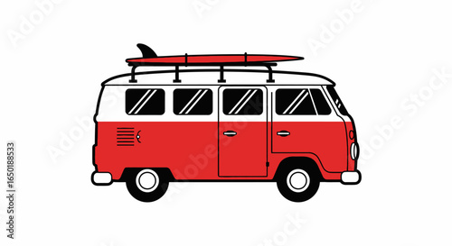 Retro red van with surfboard on top, side view, simple graphic design.