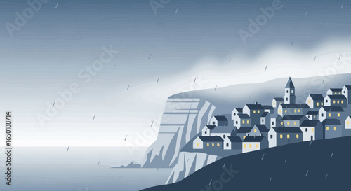 Seaside Townscape On Rainy Day Illustration With Serene Mood And Coastal