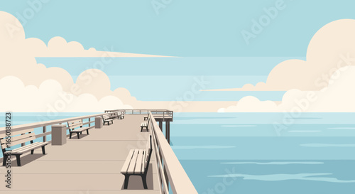 Seaside Tranquility Ocean Pier Vista with Benches in Minimalist Aesthetic