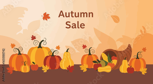 Seasonal Autumn Harvest Festival Promotion With Gourds And Horn Plenty Offer