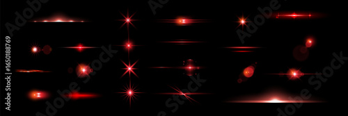 Red light effect reflections, neon illumination in red colors. Bright light lens. Police light effects, lines. Shiny stars, glowing sparks on a black background.