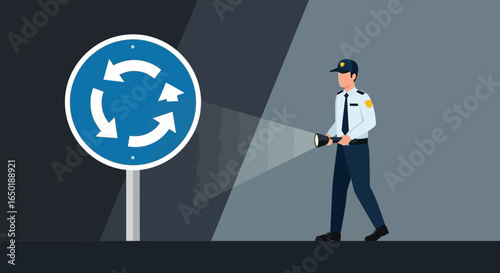 Security Guard Inspecting Road Sign In Dark Road At Night