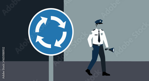 Security Guard On Duty Near A Traffic Circle Road Sign In City Street