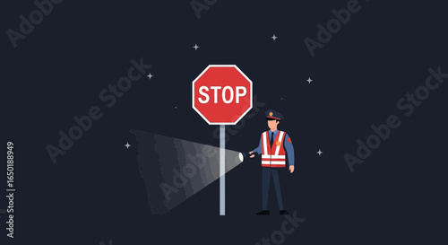 Security Guard Shining Flashlight On Stop Sign At Night For Road Safety