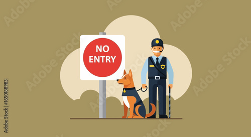 Security Personnel With Canine Enforcing No Entry Restriction Illustration