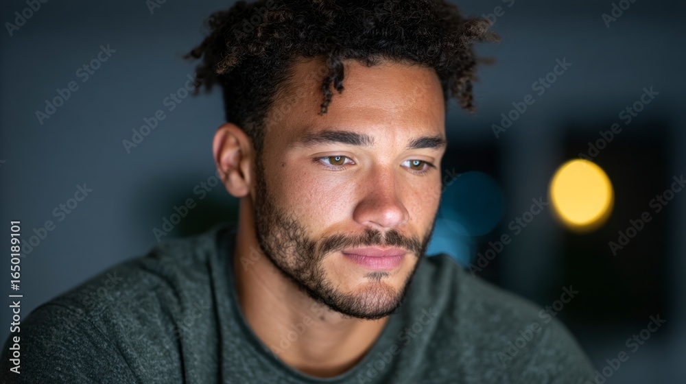Obraz premium Young man with curly hair and beard looking down with soft bokeh background