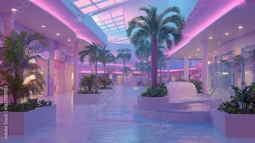 Wallpaper Mural Indoor mall with palm trees and water feature illuminated with pink and blue neon lighting Torontodigital.ca
