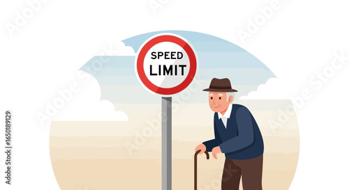 Senior Man Walking Slowly Past A Speed Limit Sign Illustration Design