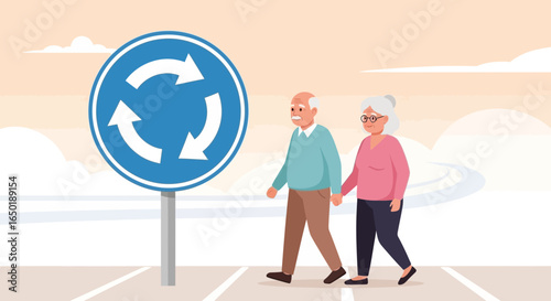 Seniors Stroll Past Roundabout Guidance Sign Enjoying Outdoor Route Together