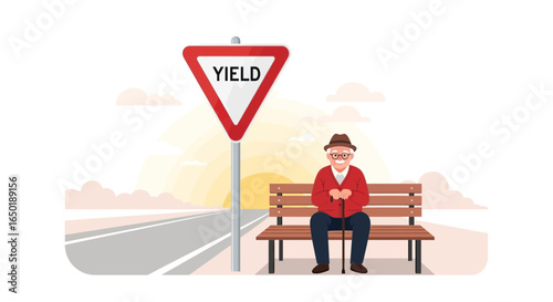 Senior Man Resting Beside Roadside Reflecting On Life Under Yield Sign