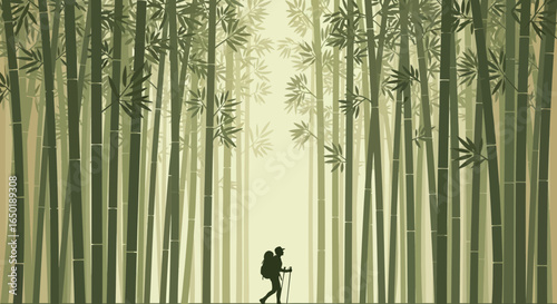 Serene bamboo forest illustration with a solitary hiker silhouette adventure