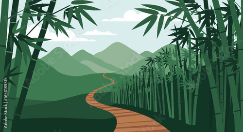 Serene Bamboo Forest Landscape with Winding Path and Distant Mountains