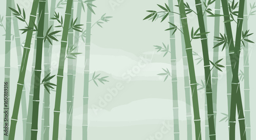 Serene bamboo forest illustration with soft, natural light and muted color palette creates a calming and tranquil atmosphere
