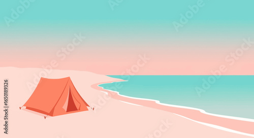Serene Beach Camping Escape Minimalist Scene With Tent At Sandy Shore At Sunset