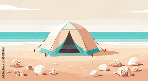 Serene beach camping scene with tent, seashells, and calm turquoise ocean view