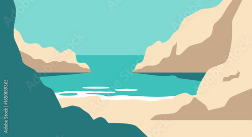 Serene Beach Landscape with Turquoise Water and Sandy Cliffs Vector