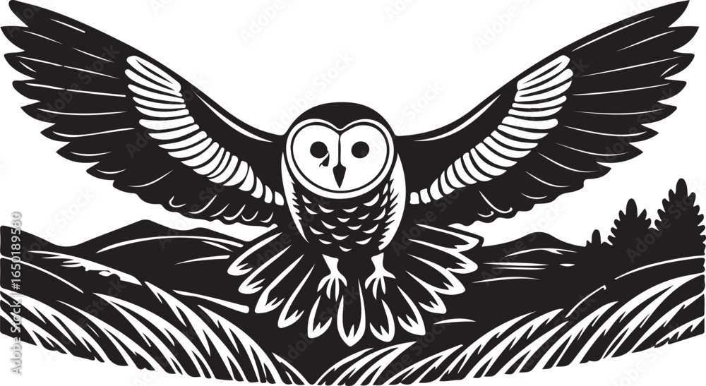Obraz premium Flying tribal eagle owl vector illustration with wings spread