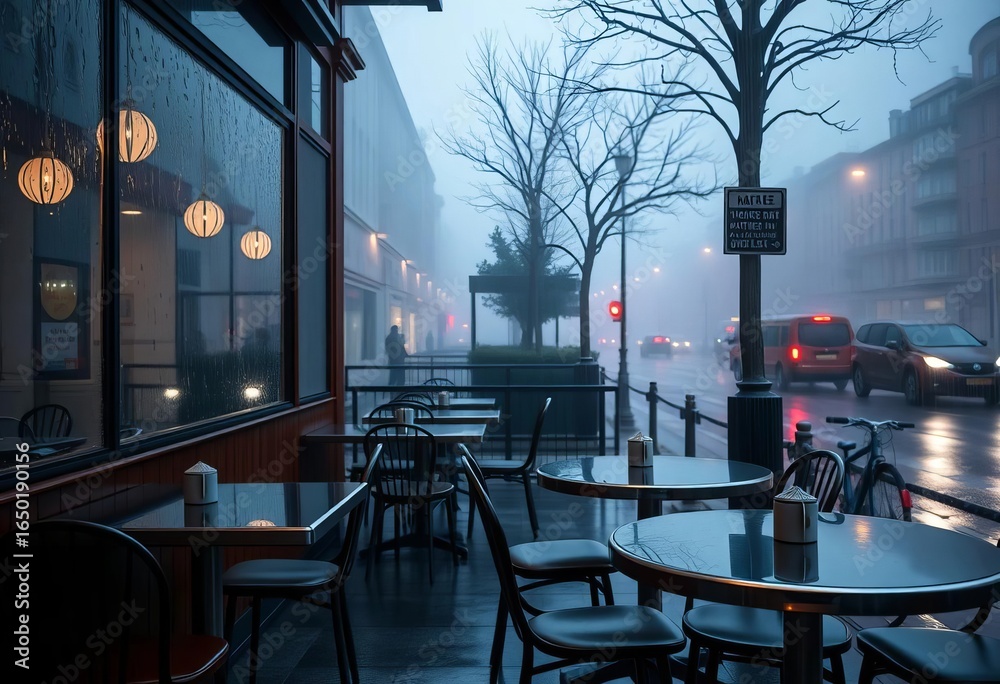 Naklejka premium Empty cafe tables, rain-streaked windows, foggy street, atmospheric evening, stillness, melancholic