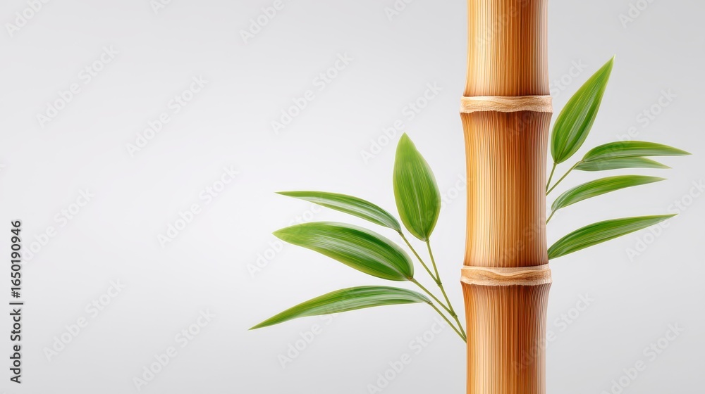 Obraz premium Elegant bamboo stalk with fresh green leaves against a soft gradient background.
