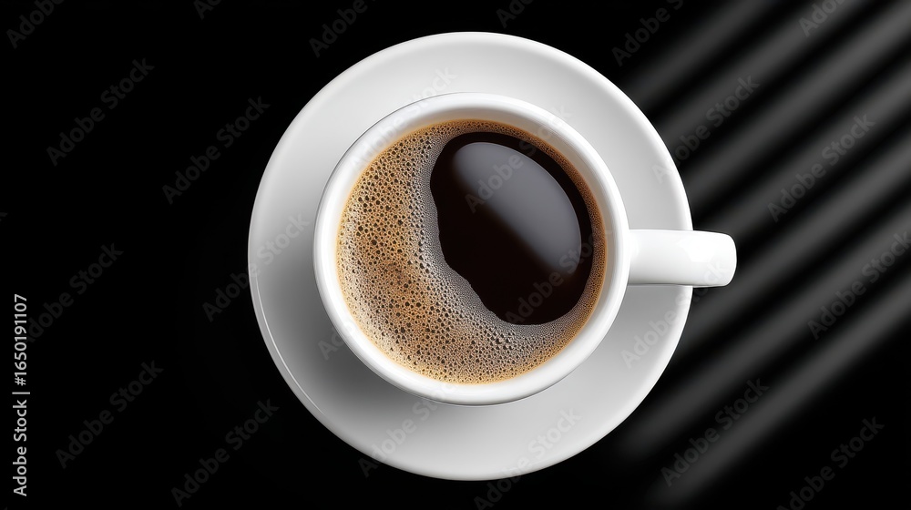 Obraz premium A close-up top view of a steaming cup of black coffee on a dark background.