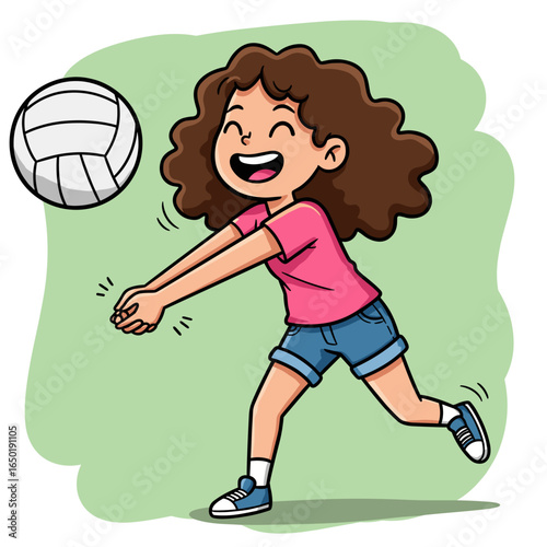 Cartoon girl with curly brown hair bumping a volleyball, smiling in motion on a light green background.
