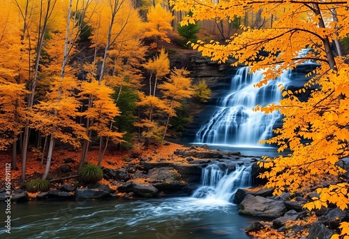 Golden aspen leaves ablaze beside a cascading waterfall in a serene autumn landscape, scenic view, colors