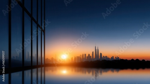 Stunning city skyline at sunset reflecting on glass for a serene urban vibe.