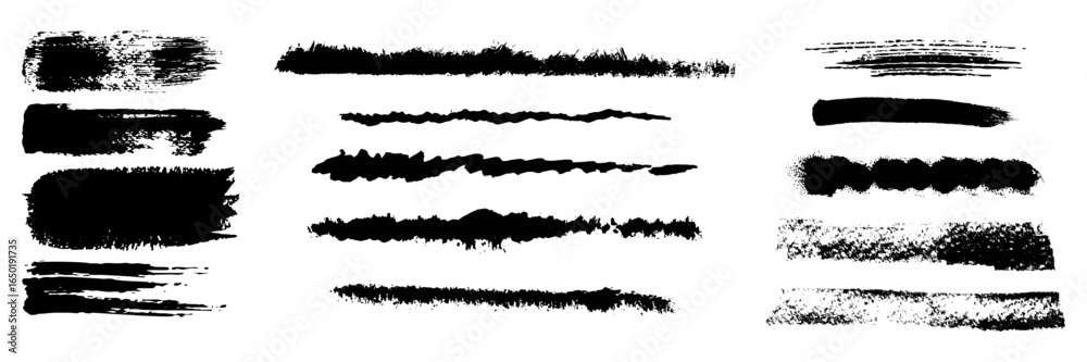 Fototapeta premium Collection of vector paint brush stroke, ink splatter, grunge line and artistic design elements. Dirty overlay, watercolor splash, black silhouette and torn paper set. Social media business banner art