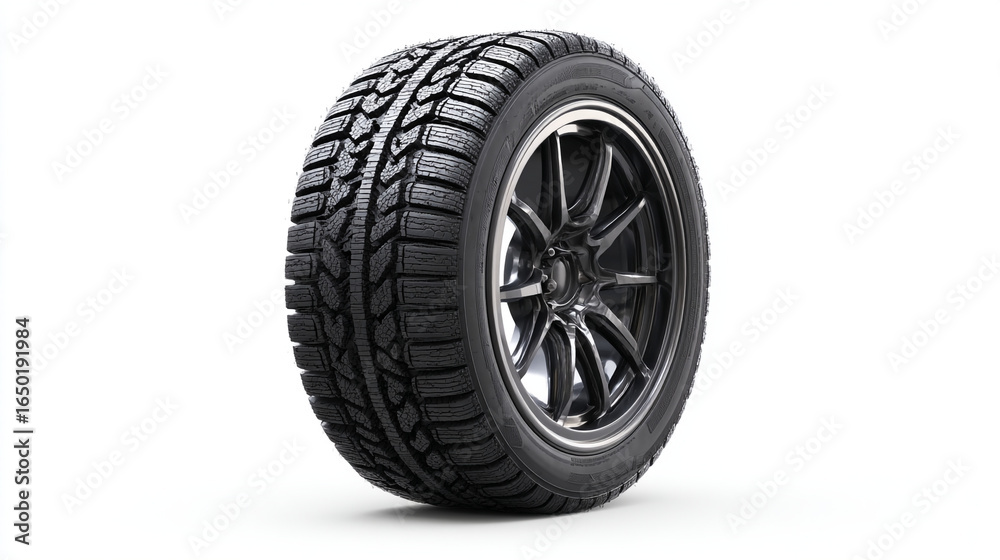 Close up of a black tire with a rim on a white background studio shot Close up of a black tire with a rim on a white background studio shot