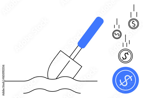 Shovel digging into the ground, coins falling, and a dollar emblem suggesting financial effort, investment, and returns. Ideal for finance, economy, growth, effort wealth savings investment