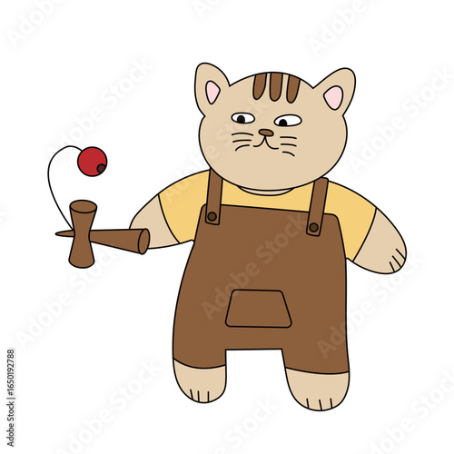 けん玉をする子猫（擬人化）のイラスト