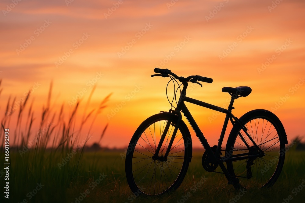 Fototapeta premium Silhouette of a bicycle at sunset over a field.