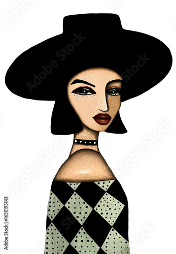 Wallpaper Mural Modern woman illustration with elegant hat, geometric dress design, stylish fashion portrait in minimal art style, PNG with transparent background, isolated artwork for decor, prints, graphic design Torontodigital.ca