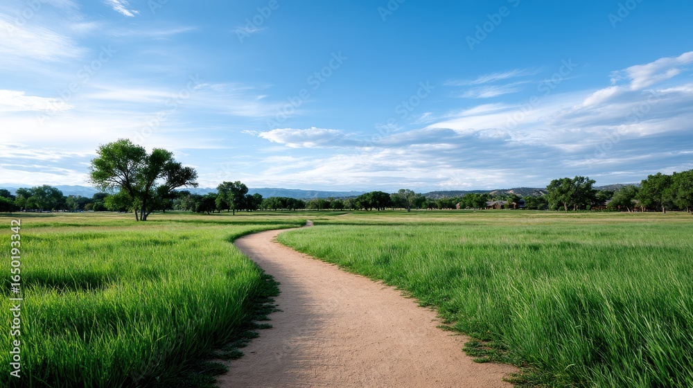 Fototapeta premium Serene path winding through lush green grass under a bright blue sky.