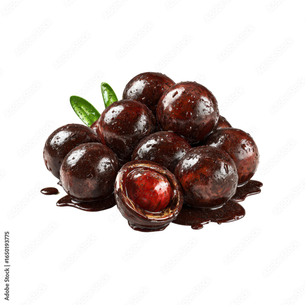 Obraz premium Delicious Chocolate Covered Macadamia Nuts with Leaf Garnish