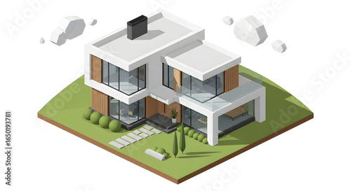 Modern Luxury Residence Isometric View with Clean Lines and Glass Facade