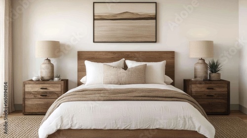 Fototapeta Naklejka Na Ścianę i Meble -  Harmonious and cozy bedroom interior featuring textured bedding wooden furniture and a soothing landscape artwork on the wall creating a peaceful and inviting atmosphere for relaxation and rest