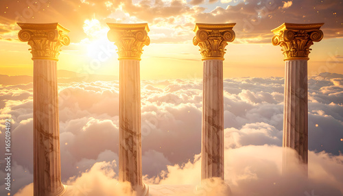 Majestic golden Corinthian columns rising through a sea of clouds at sunset, symbolizing the four pillars of success and stability.
