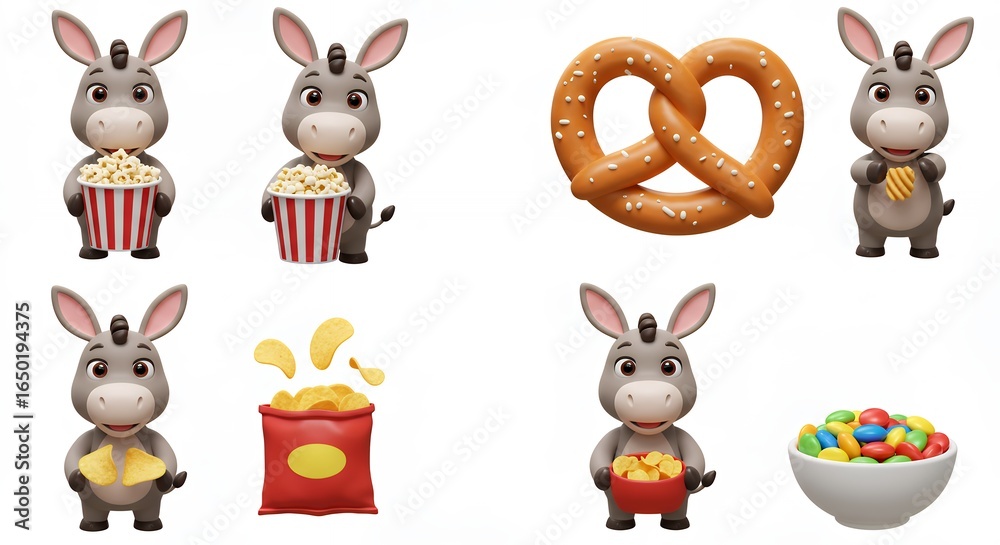 Naklejka premium Cartoon donkey characters enjoying snacks