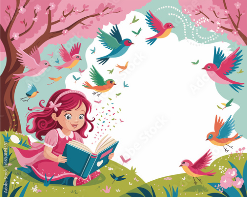 Girl Reading a Book Under a Cherry Tree with Birds Flying Around