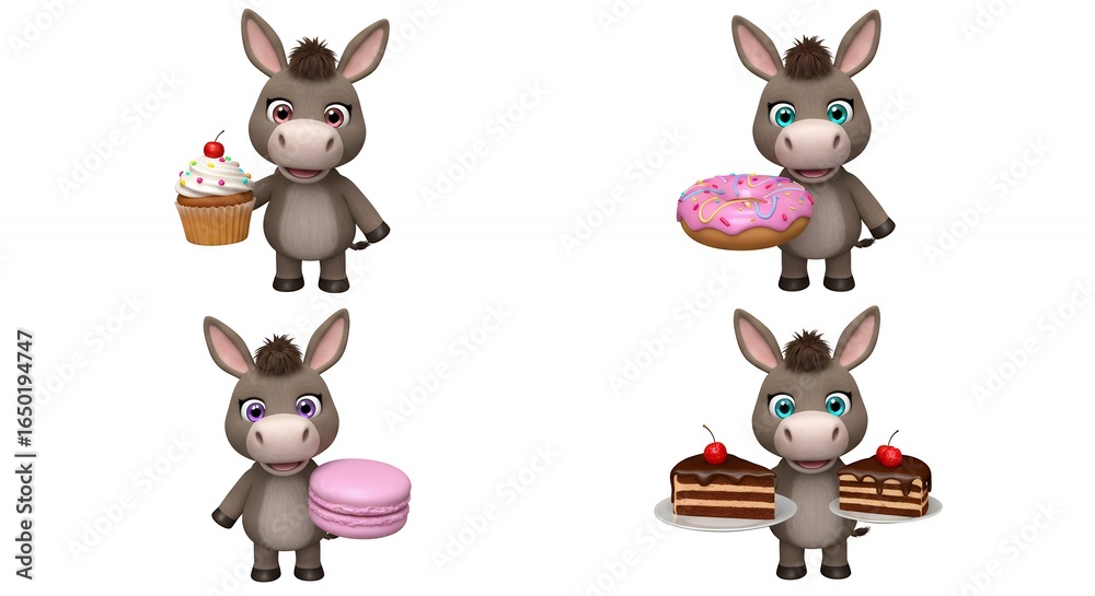 Naklejka premium Cartoon donkeys holding sweet treats