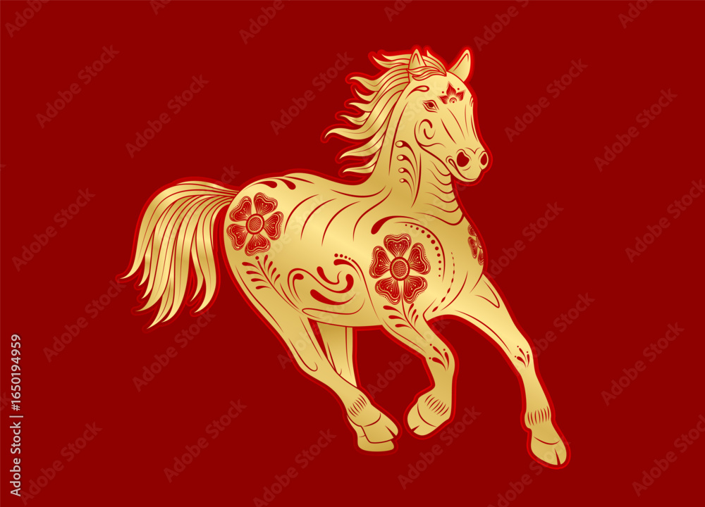Fototapeta premium Horse running with a unique floral pattern gold isolated on red background for card design print media. Traditional chinese zodiac sign. Lunar calendar animal Year of the horse. Vector.