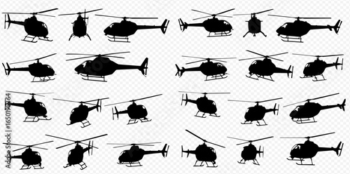 A diverse collection of black helicopter silhouettes presented from multiple angles and perspectives on a transparent background.