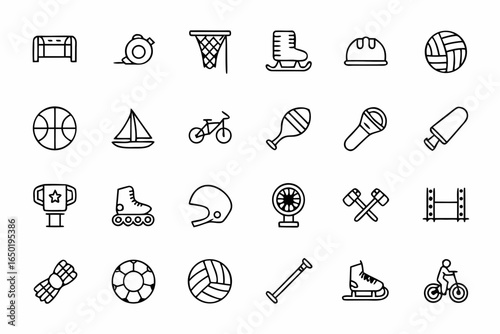 Collection of sport and recreation outline icons on white background