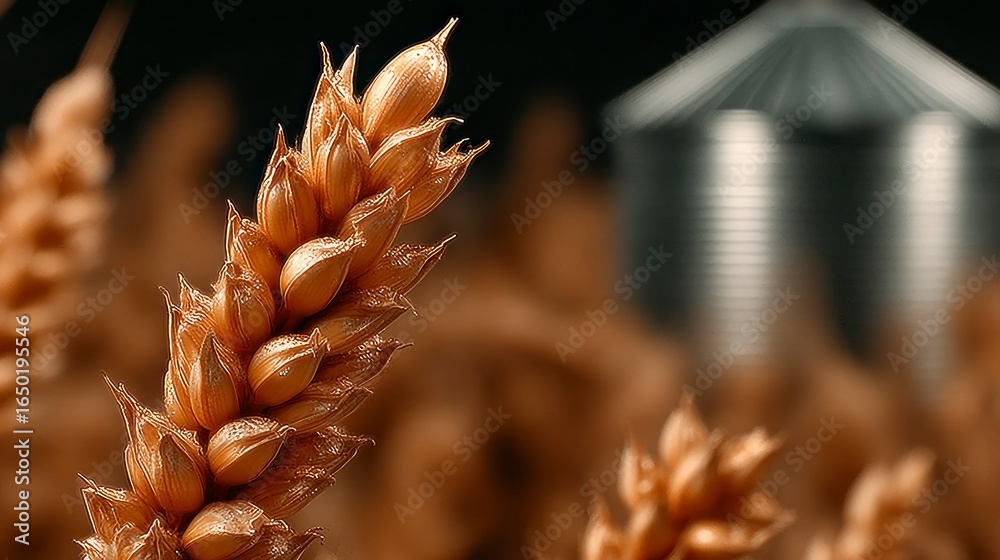 Fototapeta premium Close up of golden wheat stalks with a blurry agricultural silo in the background